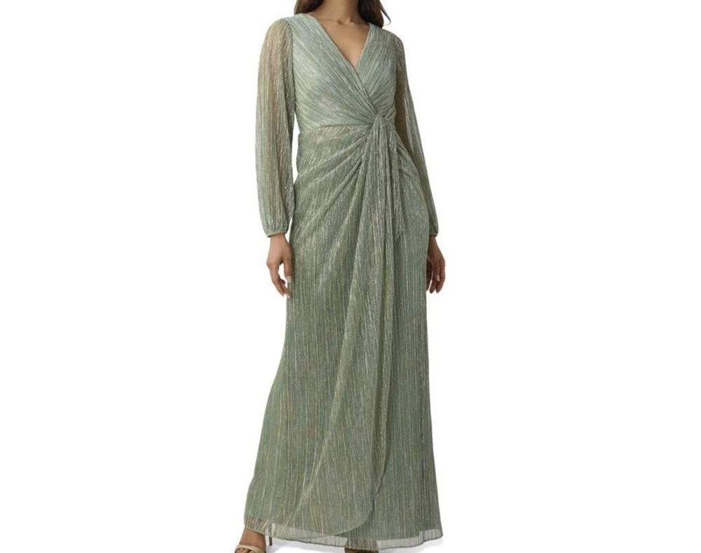 Adrianna Papell Metallic Crinkle Gown Green Slate Long Sleeve Draped Waist 14